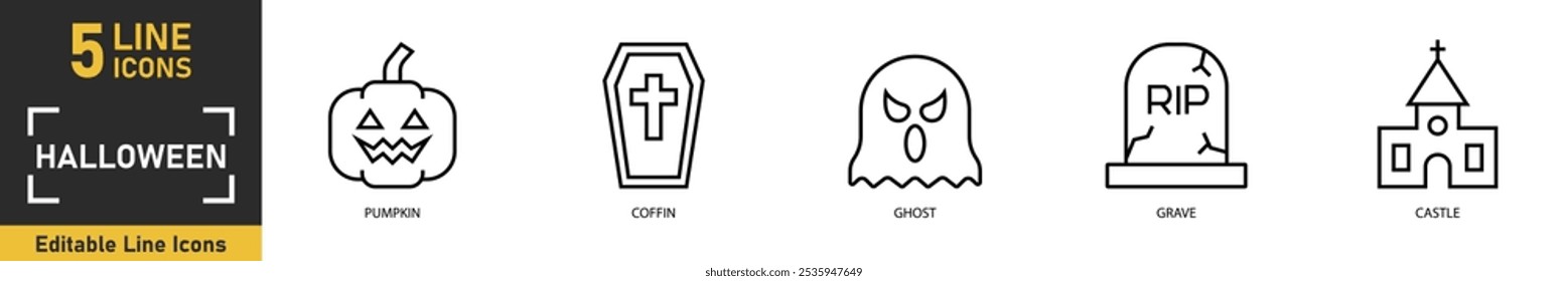 Halloween line icon set. Set of 5 outline icons related to pumpkin, coffin, ghost, grave, castle and more. Vector illustration.