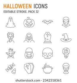 Juego de iconos de línea de Halloween, colección de vacaciones, gráficos vectoriales, ilustraciones de logotipo, iconos de vector espeluznantes, signos de halloween, pictogramas de contorno, trazo editable