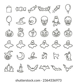 halloween line icon set with jack o lantern, witch, cat, candle