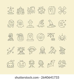Halloween Line Icon Set – Spooky Outline Vector Symbols of Pumpkin, Ghost, Bat, Witch, Skull, Spider, and Haunted Elements for Seasonal Design, Party Graphics, and Holiday Illustration Projects