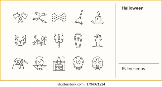 Halloween line icons. Coffin, vampire, crossed bones. Halloween concept. Vector illustration can be used for topics like holiday, festivals, celebration
