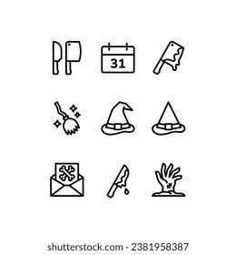 Halloween line icons collection. Bloody knife, Hat, Witch Icon for the celebration on October 31. Creepy Horror Outline Pictogram.Vector illustration. 