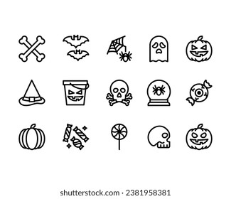Halloween line icons collection. Pumpkin, Ghost, Bat, Grave, Skull,  Icon for the celebration on October 31. Creepy Horror Outline Pictogram.Vector illustration.