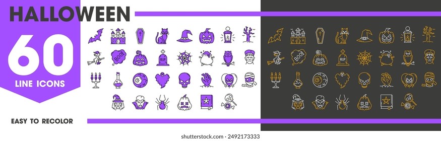 Halloween line icons of horror night holiday with monsters and pumpkins, vector symbols. Halloween trick or treat boo ghosts, witch on broom and zombie hand with skull and spider or horror candies