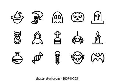 Halloween line icons including  Hat, Sickle, Ghost, Pumpkin, Grave, Cat, Ghost, Grave, Spider, Candle, Potion, Candy, Lamp, Vampire, Bat