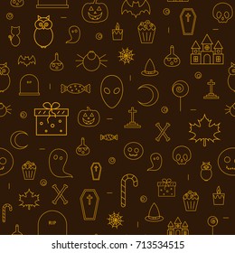 Halloween line icons seamless pattern. Outline symbol collections in gold color on brown background. 

