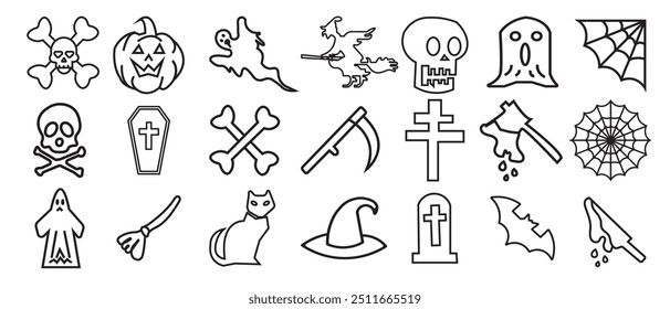  Halloween line icons set in black color. Collection of Halloween Linear icon in white background. Halloween element set like hat, ghost, bat, spider etc.. Hand drawn vector illustration.
