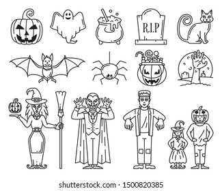 Halloween line icons set. Includes such Icons as Pumpkin, Kids, Costume, Witch, Vampire, Frankenstein. Vector