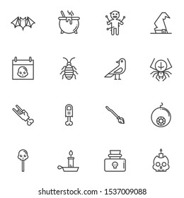Halloween line icons set. linear style symbols collection outline signs pack. vector graphics. Set includes icons as bat, potion cauldron, spider, human skull, eyeball, Voodoo Doll, cockroach, candle 