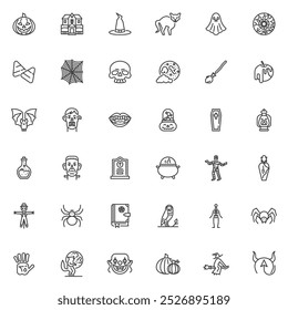 Halloween line icons set. linear style symbols collection, outline signs pack. Halloween vector graphics. Set includes icons as Jack Lantern, Spooky pumpkin, Spider, Zombie, Witch Broom, Gravestone