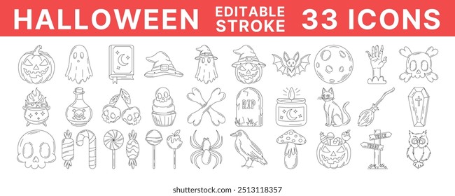 Halloween-Linien-Symbole, Vektorgrafik, bearbeitbarer schwarzer Strich. Herbstfest-Kollektion, Oktober gruselig und gruselige Elemente. Kürbis, Süßigkeiten, Geist, Zauberbuch, Hexenhut, Schädel und Knochen