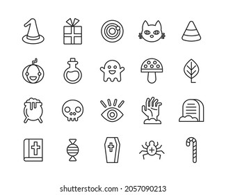 Halloween line set. Vector  collection with pumpkin, spider, cat, skull, candy, ghost, zombie hand, cat. Editable stroke.