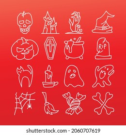 Halloween line vector icons on red background. Business icon. Autumn pumpkin. Outline cartoon. Happy halloween. Vector logo.
