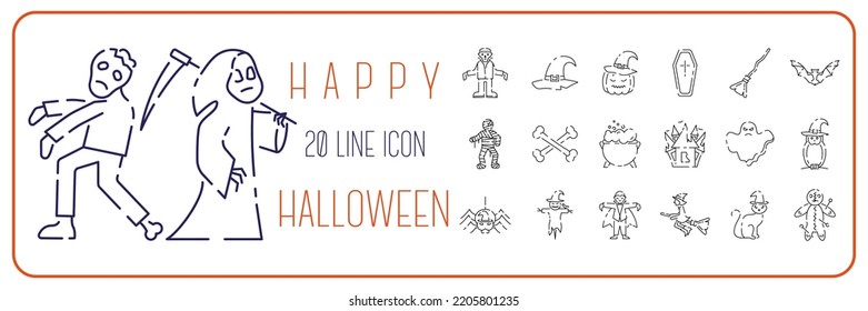 Halloween line vector Icons set. Happy halloween holiday and decoration. Trick or treat