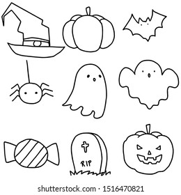 Halloween line vector items set: pumpkins, bats, candy, spider, ghost, grave. Holiday objects isolated on white background. 