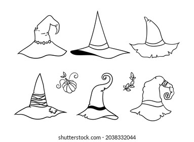 Halloween line witch hat bundle, cute witchy wizard Hat or cap black and white isolated clipart on white background, halloween party decor for cards, t-hirts, vector kids illustration set