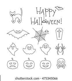 Halloween linear flat icons set. Cat, ghosts, skull, bat, spiders, coffin, spider net and smiling pumpkins. Happy Halloween text. Vector collection for your design 