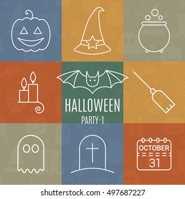 Halloween linear icons set with editable stroke on colorful background for holiday design. Line pictograms of bat, ghost, pumpkin, potion, calendar, broom, hat, candle, tombstone. Vector illustration.
