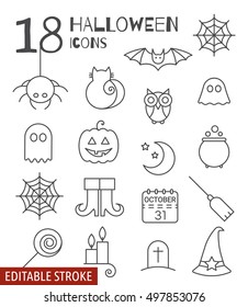 Halloween linear icons set with editable stroke. Line pictograms of spider, cat, bat, web, ghost, pumpkin, candy, potion, owl, calendar, moon, broom, boots, hat, candle, tombstone. Vector illustration