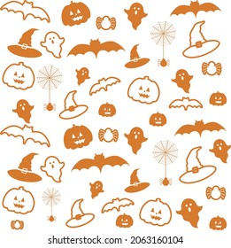 Halloween lineart background with multiple itens like witch hat, pumpkin, bat, ghost and spider  