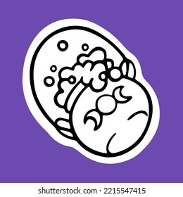Halloween lineart cauldron with potion. October holiday sticker, caldron full of boiling poison with bubbles, Helloween treats for witchcraft. Isolated flat line-art vector illustration