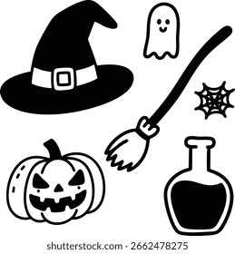 Halloween Lineart Vektor-Set mit Geistern, Kürbissen und mehr.