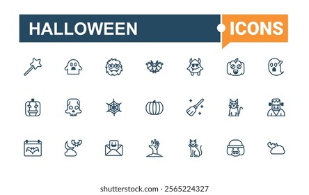 Halloween lined icons set. Contains such icons as creepy, pumpkin, candle, dracula, costume and more. Thin linear style icons. Editable vector outline and solid icons.