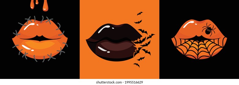 Halloween Lip Makeup Set: Araña, murciélagos, araña, costura, sangre. Vector, color negro y naranja.