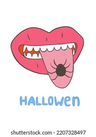 Halloween lips with vampire teeth and spider in hippie groovy style