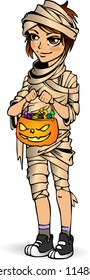 Halloween little boy mummy with candy. Boy in suit