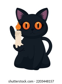 halloween little cat and candle isolated icon