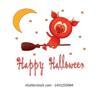 
Halloween. Little devil flies on a broomstick. All objects are depicted in the traditional Halloween style. Vector illustration.