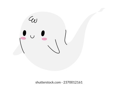 Halloween little ghost in cartoon cute kawaii style. Cartoon funny smiling samhain ghost. Trick or treat stock falt illustration isolated on white backgroung.