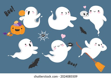 Halloween little ghost in cute kawaii style  funny smiling samhain ghosts set and skull  bat  web  broom  pumpkin  spirit   sweets blue background  trick treat stock cartoon image 