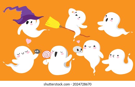 Halloween little ghost in cute kawaii style. funny smiling samhain ghosts set with skull, bat, web, broom, pumpkin, spirit and sweets. trick or treat stock falt cartoon image.