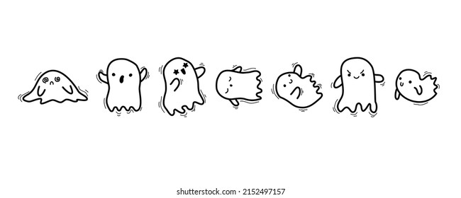 Halloween little ghost in cute kawaii sketch style. Doodle ghost. funny smiling samhain ghosts set, spirit and sweets on white background. trick or treat stock cartoon image.