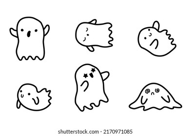 Halloween little ghost in cute kawaii style. Doodle ghost. funny smiling ghosts set, spirit on white background. trick or treat stock cartoon image.