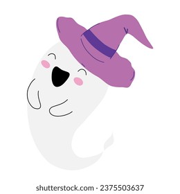 Halloween little ghost in witch hat in cartoon kawaii cute style. Cartoon funny smiling samhain ghost. Trick or treat stock flat illustration isolated on white backgroung.