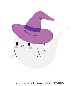 Halloween little ghost in witch hat in cartoon kawaii cute style. Cartoon funny smiling spirit ghost. Trick or treat stock flat illustration isolated on white backgroung.