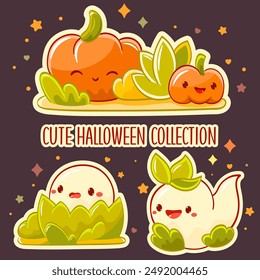 Halloween little ghosts in kawaii style. Cute Halloween collection with tiny monsters. Can be used for t-shirt print, sticker, greeting card design. Vector illustration EPS8