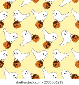 Halloween Little Ghosts and Pumpkin Seamless Pattern