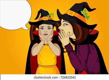 Halloween. The little girl's mother whispers a secret in her ear. The child was surprised. Wow. Thinking bubble. Vector. Discounts and sale for the holiday. Empty space for your advertising.