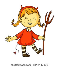 Halloween little imp. Vector cute spooky preschool girl wearing Halloween imp dress holding trident standing with broom isolated on white background. Bad angel illustration
