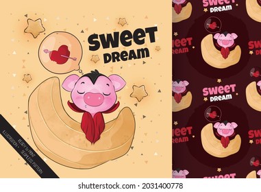 Halloween little pig dracula. Cartoon Cute pig Character In Halloween. - Illustration of background: can be used for cards, invitations, baby shower, posters; with white isolated background
