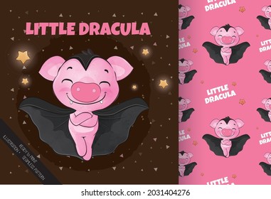 Halloween little pig dracula on the moon. Cartoon Cute pig Character In Halloween. - Illustration of background
