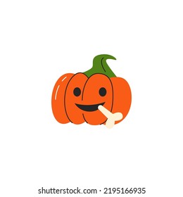 Halloween little pumpkin concept design. Funny Jack lantern with bone isolated on white. Vegetable with carving evil smiling face. Cute traditional scary character. Hand drawn flat vector illustration