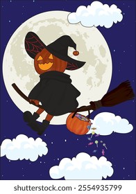 Halloween little pumpkin man riding a broom and distribute candy in night Vector