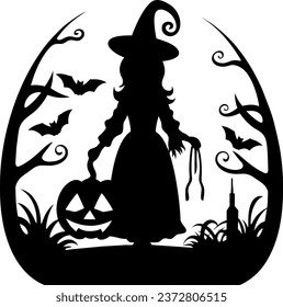 Halloween little witch with big pumpkin and bats icon. Girl kid in Halloween costume. Vector illustration