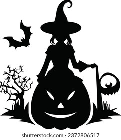 Halloween little witch with big pumpkin and bats icon. Girl kid in Halloween costume. Vector illustration