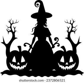 Halloween little witch with big pumpkin and bats icon. Girl kid in Halloween costume. Vector illustration